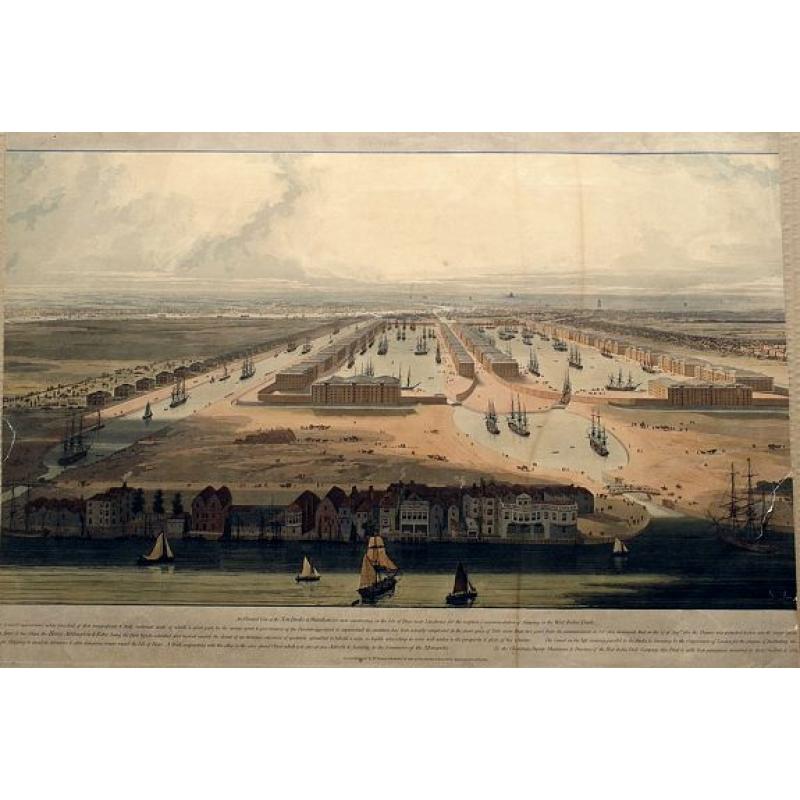 An Elevated View of the New Docks & Warehouses now constructing on the Isle of Dogs near Limehouse for the reception & accommodation of Shipping in the West India Trade,...