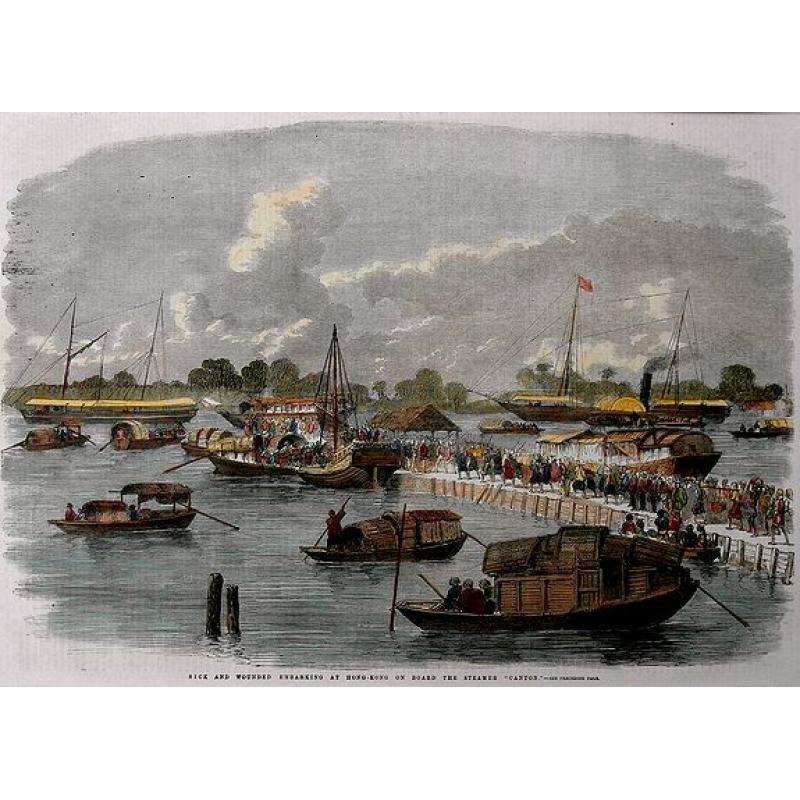Sick and wounded embarking at Hong-Kong on Board the Steamer.