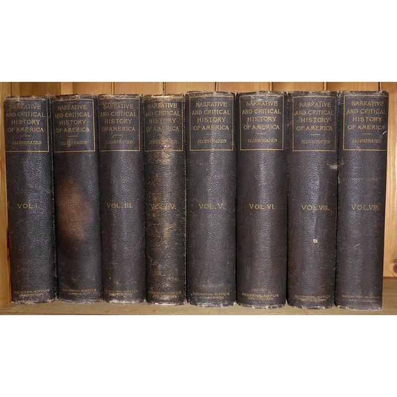 Eight volumes, ' Narrative and Critical History of America ' by Justin Winsor, complete, published by Houghton, Mifflin & Co. Boston at the Riverside Press 1889