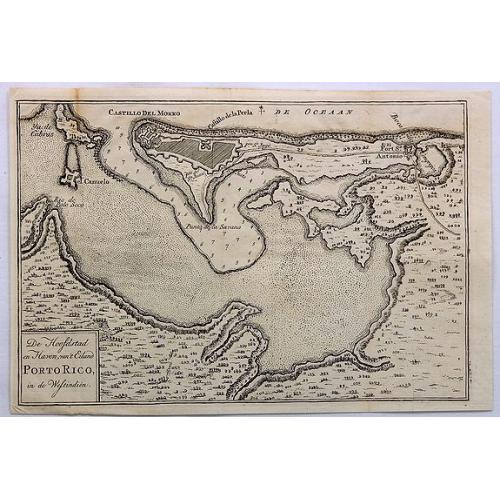 Old map image download for De Hoofdstad en Haven Van't Eiland Porto Rico, in de Westindien.