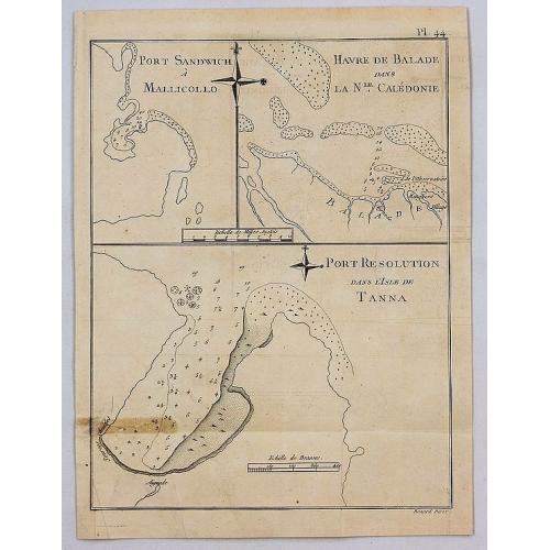 Old map image download for Port Sandwich in Mallicollo. Harbour of Balade in New Caledonia, Port Resolution in the Isle of Tanna.