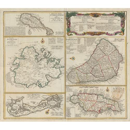 Old map image download for [Five maps on one sheet] Dominia Anglorum in praecipuis Insulis Americae ut sunt Insula S. Christopheri, Antegoa, Iamaica, Barbados nec non Insula Bermudes vel Sommers . . .