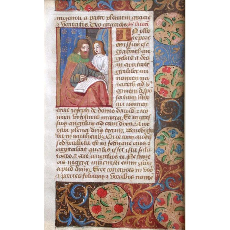 Leaf with a miniature of St. Matthew from a Book of Hours on vellum.
