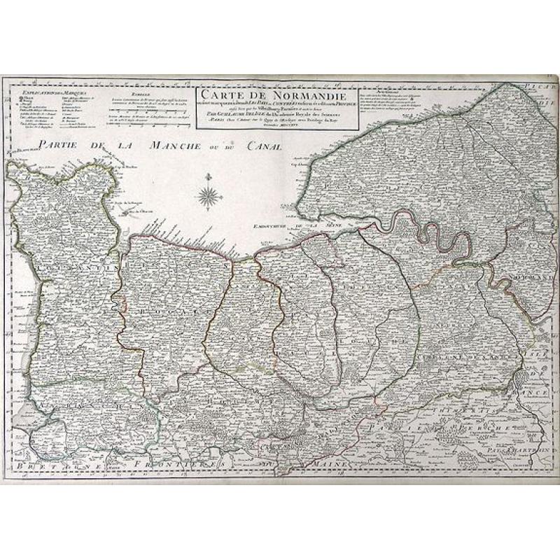 Carte de Normandie ousont marquez exacteme Les Pays ou Contrees enferm ees dascette Province aussi bien que les Villes Bourgs Paroissese.