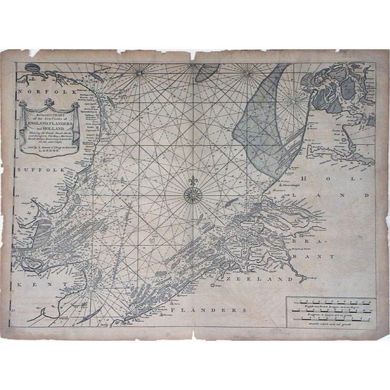 A Correct Chart of the Sea Coasts of England, Flanders and Holland showing the Sands, Shoals, Rocks and Dangers, The Bays and Harbours, Roads, Buoys, Beasons and Seamarks on the said Coasts.