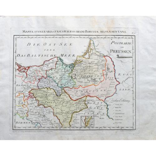 Old map image download for Mappa Itineraria cursus publicso Regni Borussiae Repraesentans. Postkarte von Preussen.