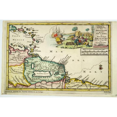 Old map image download for [Lot of 10 (2x maps / 8x views of Guyana)] d' Engleze Volksplanting in' t Amerikaans Gewest Gujana en Rio de Las Amazones. Door de Scheeps-Togt van Charles Leig Begonnen.