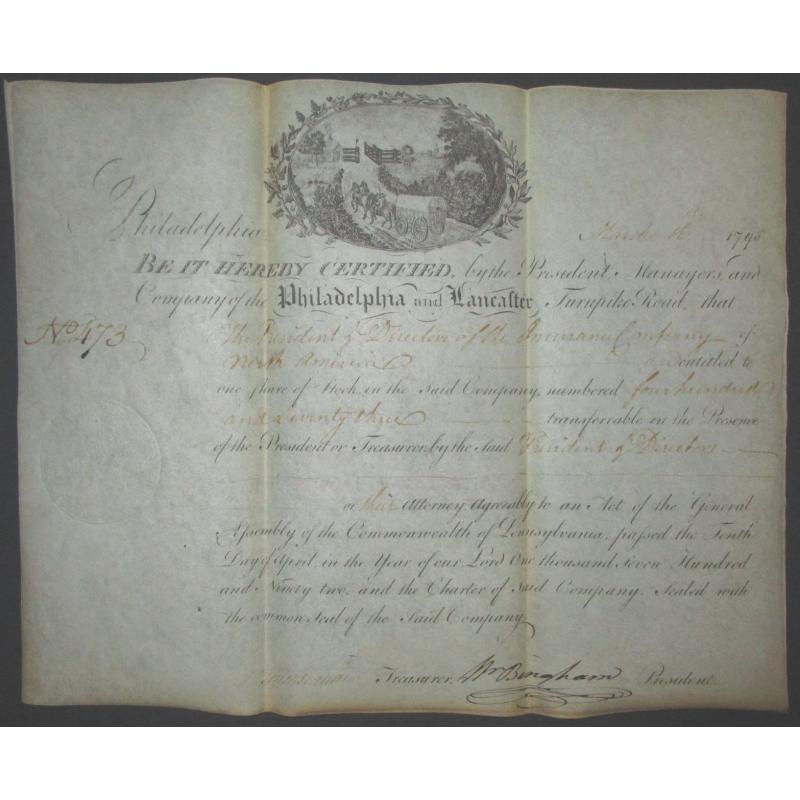 18th century toll road share with signature of the first Dollar millionaire.